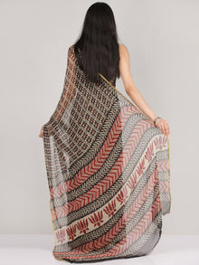 Black Beige Red Hand Block Printed Chiffon Saree With Zari Border - S031704683