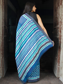 Indigo Green White Chanderi Silk Hand Block Printed Saree With Geecha Border - S031703982