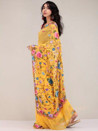 Yellow Aari Embroidered Georgette Saree From Kashmir - S031704624