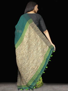 Green Beige Handwoven Linen Saree With Gicha Pallu - S031703442