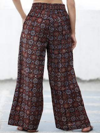 Black Indigo Maroon Ajrakh Hand Block Printed Semi Elasticated Waist Pleated Cotton Palazzo - P11F1686