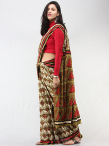 Olive Green Ivory Red Hand Block Printed Cotton Mul Saree - S031704453