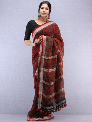 Brick Red Black Ajrakh Hand Block Printed Handwoven Linen Saree With Tassels And Zari Border - S031704451