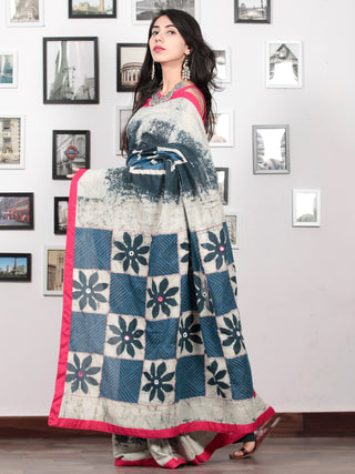 Indigo Grey White Hand Block Printed Cotton Mul Saree With Magenta Border & Mirror Work - S031703016