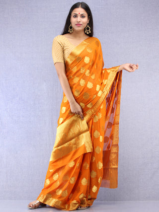 Banarasee Chiffon Saree With Golden Zari Weave  - Rust Orange & Gold - S031704401