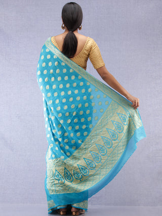 Banarasee Pure Chiffon Saree With Zari Work - Sky Blue & Gold - S031704309