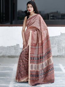 Beige Maroon Black Bagh Hand Block Printed Maheswari Silk Saree With Resham Border - S031703827