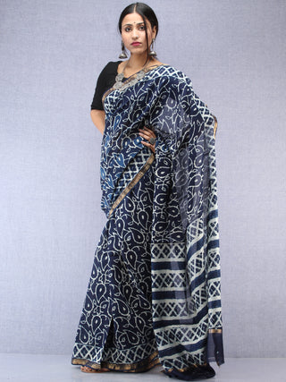 Indigo Ivory Hand Block Printed Maheshwari Silk Saree With Zari Border - S031704480