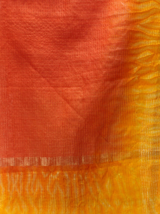 Kota Doria Tie & Die Dupatta  With Zari Border - Orange & Yellow - D04170893