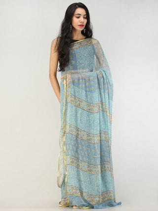 Baby Blue Mustard Hand Block Printed Chiffon Saree with Zari Border - S031704554