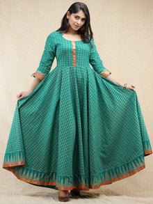 Nazma - Sea Green Gold Checks Printed Long Urave Cut Dress - D378F1996