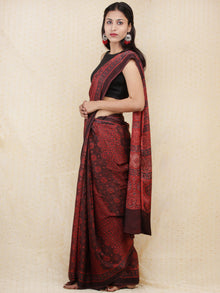 Crimson Red Black Dark Brown Ajrakh Hand Block Printed Modal Silk Saree - S031704151