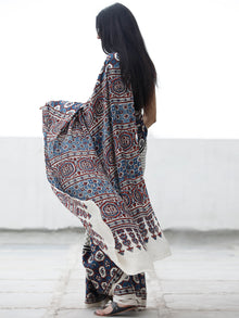 Off White Indigo Black Maroon Ajrakh Hand Block Printed Modal Silk Saree in Natural Colors - S031703695