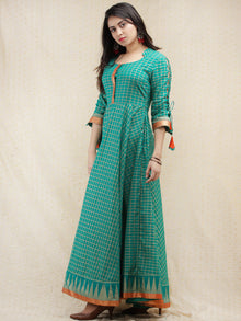 Nazma - Sea Green Gold Checks Printed Long Urave Cut Dress - D378F1996