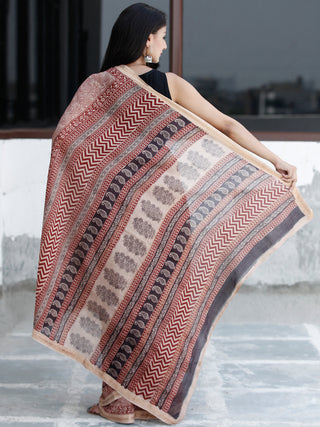 Beige Maroon Black Bagh Hand Block Printed Maheswari Silk Saree With Resham Border - S031703827