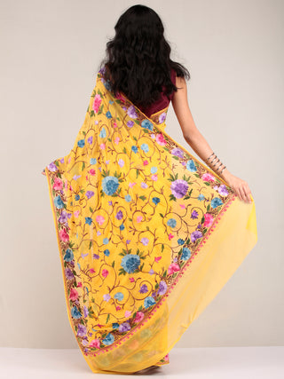 Yellow Aari Embroidered Georgette Saree From Kashmir - S031704624