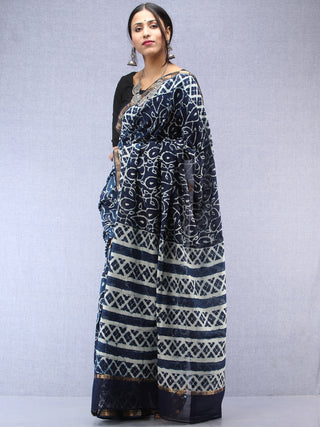Indigo Ivory Hand Block Printed Maheshwari Silk Saree With Zari Border - S031704480
