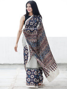 Off White Indigo Black Maroon Ajrakh Hand Block Printed Modal Silk Saree in Natural Colors - S031703695