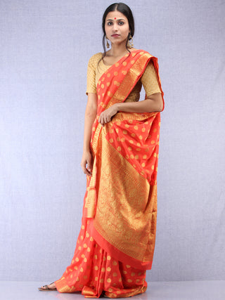 Banarasee Chiffon Saree With Golden Zari Weave - Coral & Gold - S031704356
