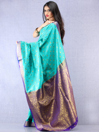 Banarasee Art Silk Self Weave Saree With Zari Work - Green Purple Gold  - S031704379