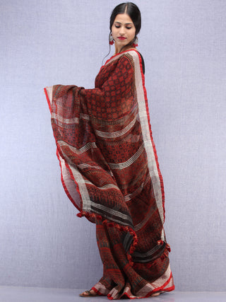Brick Red Black Ajrakh Hand Block Printed Handwoven Linen Saree With Tassels And Zari Border - S031704451