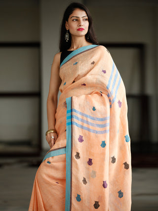 Peach Blue Handwoven Linen Jamdani Saree With Pot Motif - S031703773