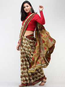 Olive Green Ivory Red Hand Block Printed Cotton Mul Saree - S031704453
