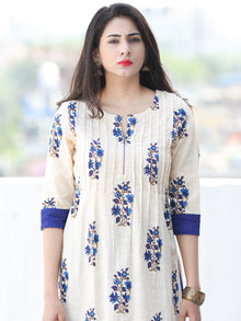 Off White Royal Blue Cotton Block Printed Kurta & Pants - Set of 2 - SS01F052
