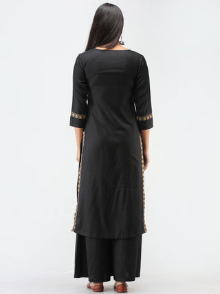 Black Brown Ajrakh Hand Block Printed Cotton Kurta With Sequence Work  - K205F1537