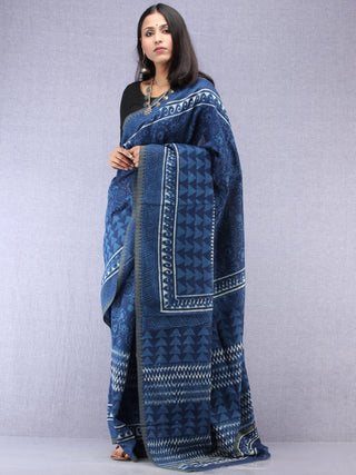 Indigo Ivory Hand Block Printed Chanderi Saree With Geecha Border - S031704505