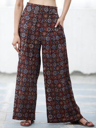 Black Indigo Maroon Ajrakh Hand Block Printed Semi Elasticated Waist Pleated Cotton Palazzo - P11F1686