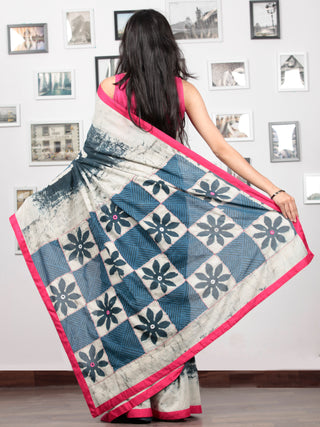 Indigo Grey White Hand Block Printed Cotton Mul Saree With Magenta Border & Mirror Work - S031703016