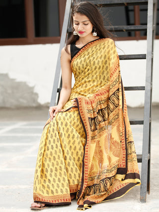 Yellow Maroon Black Bagh Hand Block Printed Cotton Saree - S031703818