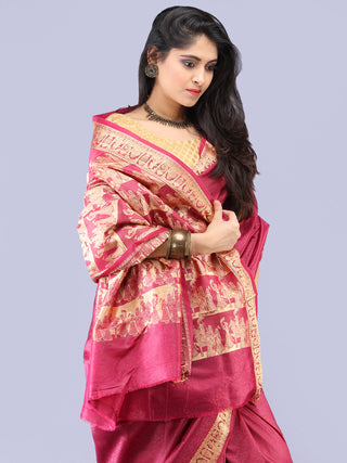 Banarasee Semi Silk Self Weave Saree With Resham Border - Plum & Golden - S031704289