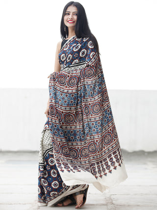Off White Indigo Black Maroon Ajrakh Hand Block Printed Modal Silk Saree in Natural Colors - S031703695