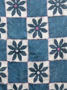 Indigo Grey White Hand Block Printed Cotton Mul Saree With Magenta Border & Mirror Work - S031703016