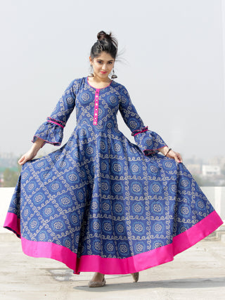 Maher - Indigo Bandhani Printed Urave Cut Long Dress  - D381F2054