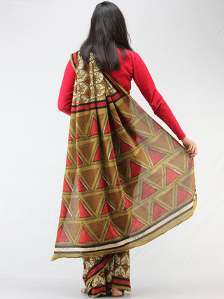 Olive Green Ivory Red Hand Block Printed Cotton Mul Saree - S031704453