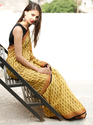 Yellow Maroon Black Bagh Hand Block Printed Cotton Saree - S031703818