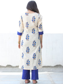 Off White Royal Blue Cotton Block Printed Kurta & Pants - Set of 2 - SS01F052