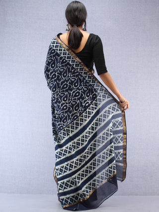 Indigo Ivory Hand Block Printed Maheshwari Silk Saree With Zari Border - S031704480