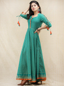 Nazma - Sea Green Gold Checks Printed Long Urave Cut Dress - D378F1996