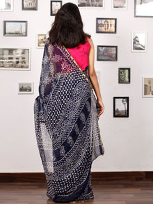 Indigo White Hand Block Printed Chiffon Saree with Zari Border - S031703154