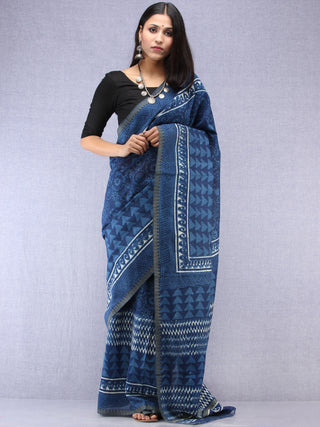 Indigo Ivory Hand Block Printed Chanderi Saree With Geecha Border - S031704505