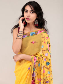 Yellow Aari Embroidered Georgette Saree From Kashmir - S031704624