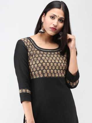 Black Brown Ajrakh Hand Block Printed Cotton Kurta With Sequence Work  - K205F1537