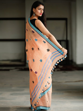 Peach Blue Handwoven Linen Jamdani Saree With Pot Motif - S031703773