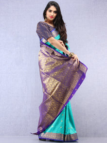 Banarasee Art Silk Self Weave Saree With Zari Work - Green Purple Gold  - S031704379