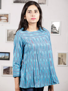 Light Blue White Red Hand Woven Ikat Cotton Top - T34F1447