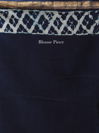 Indigo Ivory Hand Block Printed Maheshwari Silk Saree With Zari Border - S031704480
